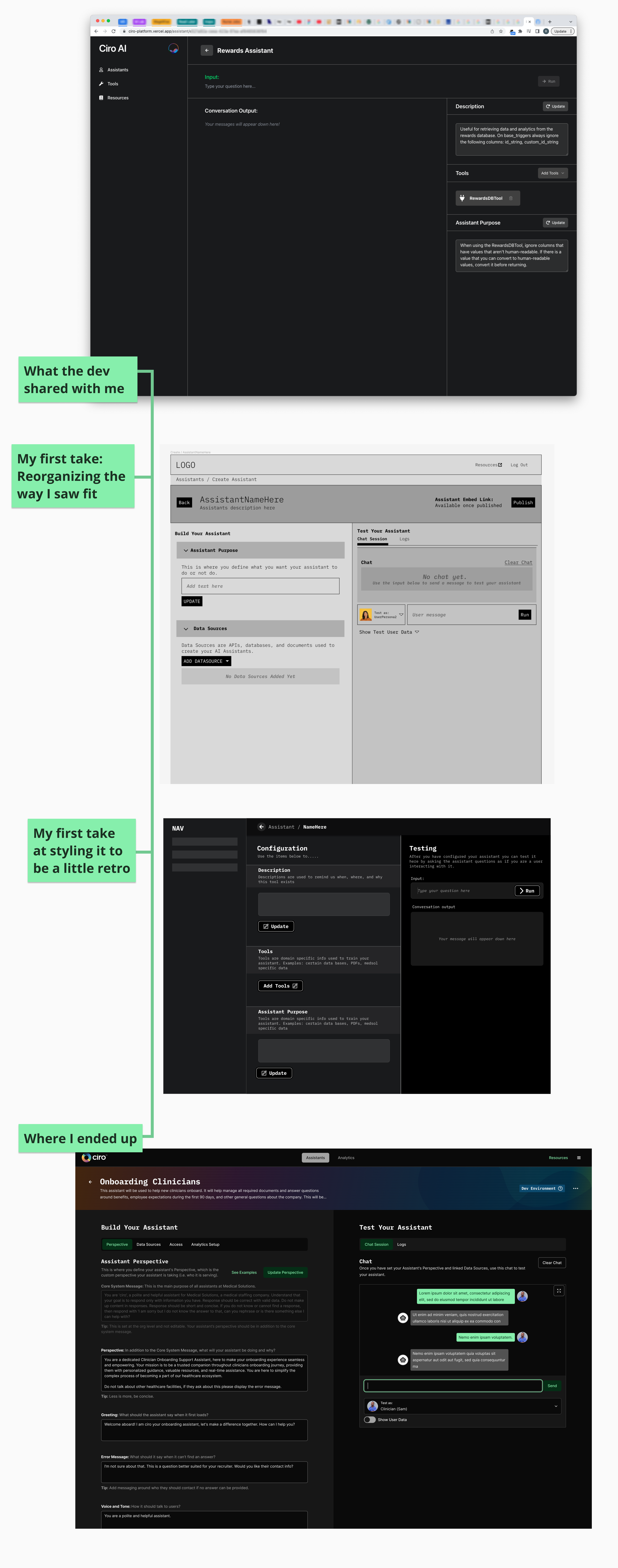 Screenshots showing a high level overview of my process from dev to wireframe to styled to final